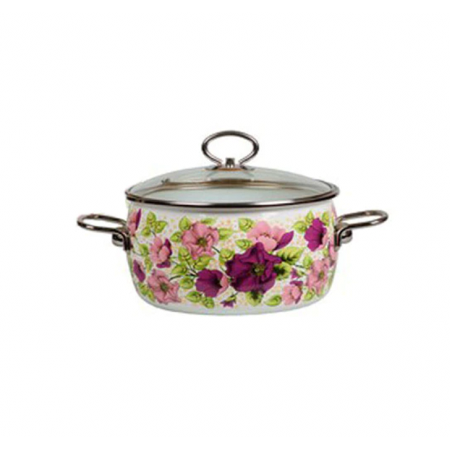 Oala Emailata ruseasca cu Diametru 20 cm, Capacitate 4 L, Capac din sticla, Maner din inox, Multicolor