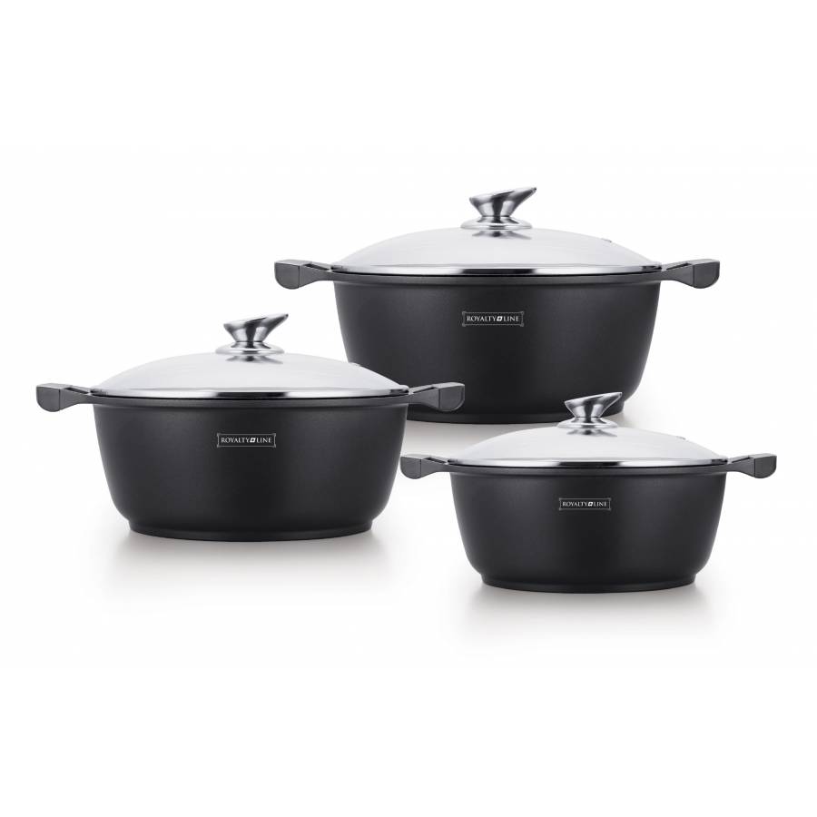 Set de 3 Oale din Aluminiu, Capace din sticla, 30 / 32 / 34 cm, Finisaj marmura, Culoare Negru