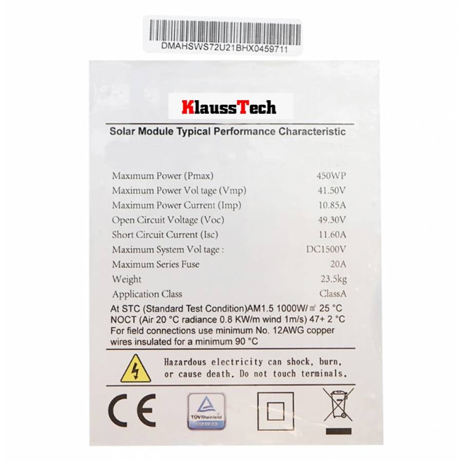 Panou Solar fotovoltaic monocristalin KlaussTech, 2108x1048x35mm, 450 W, Protectie IP68, Tensiune 41,5 V, 23,5 Kg, Negru