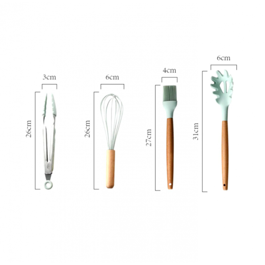 Set KlaussTech de 12 Ustensile de Bucatarie, Silicon Termorezistent, Manere ergonomice din lemn, Verde