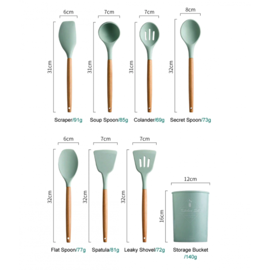 Set KlaussTech de 12 Ustensile de Bucatarie, Silicon Termorezistent, Manere ergonomice din lemn, Verde
