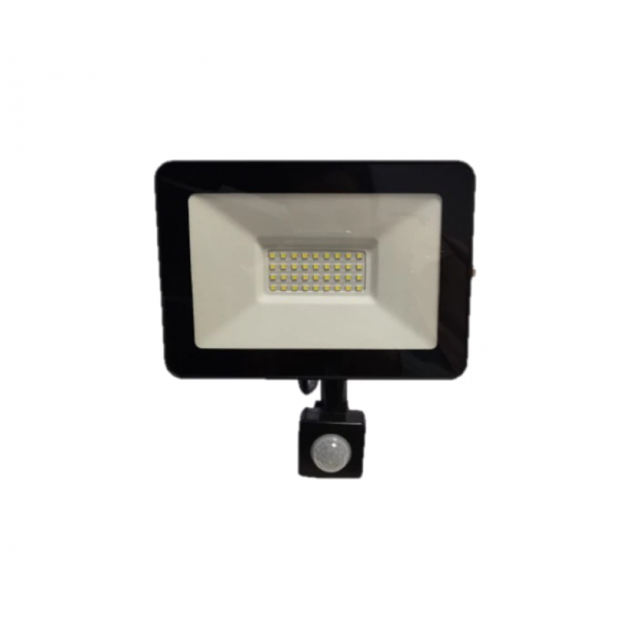 Proiector LED cu Putere 30 W, Senzor de miscare, Flux luminos 2400 lm, Temperatura 6500 K, Modern, Negru