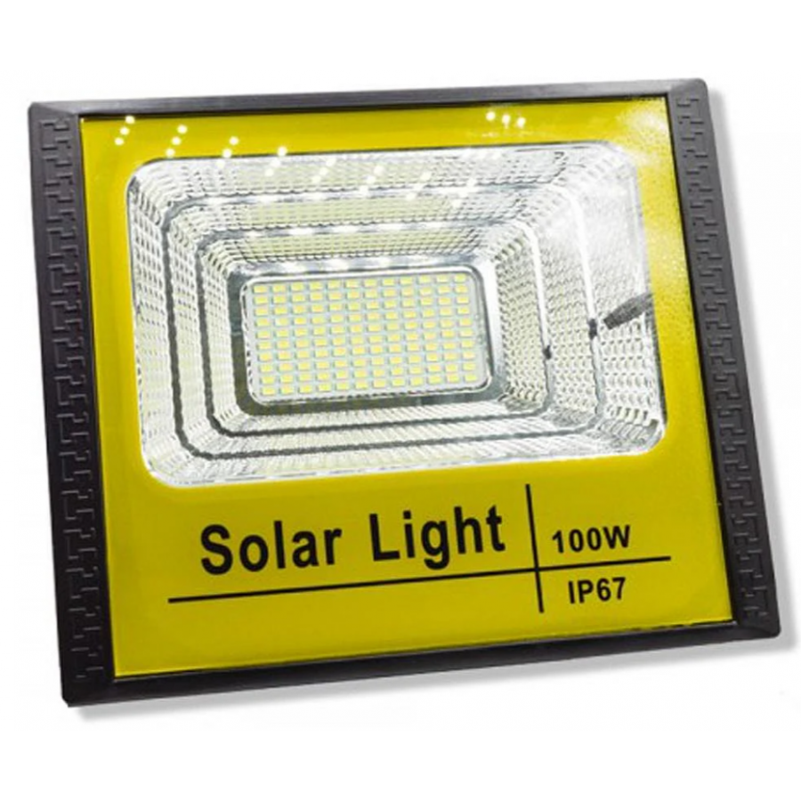 Proiector LED KlaussTech cu panou solar, Telecomanda inclusa, 100W, 6500 k, Autonomie 12 h, Negru/Galben