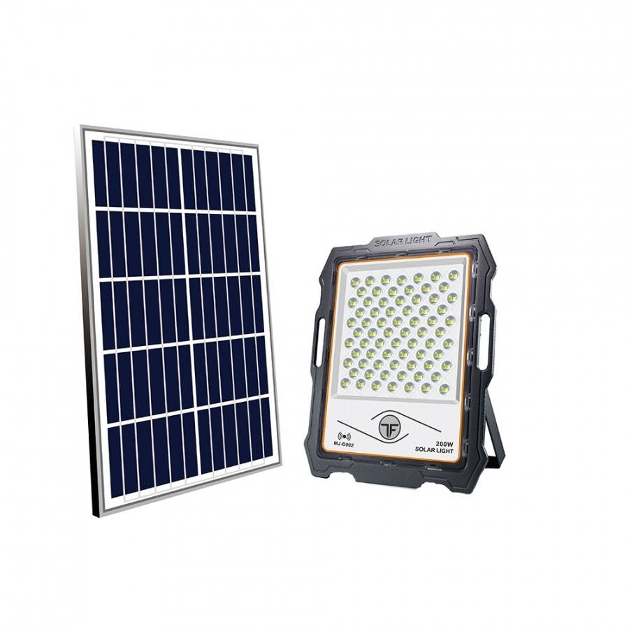 Proiector LED KlaussTech cu Panou Solar, Senzor de miscare, 200 W, 144 LED-uri, Lumina alba, Telecomanda, 1160 mAH, 730 lm, Negru
