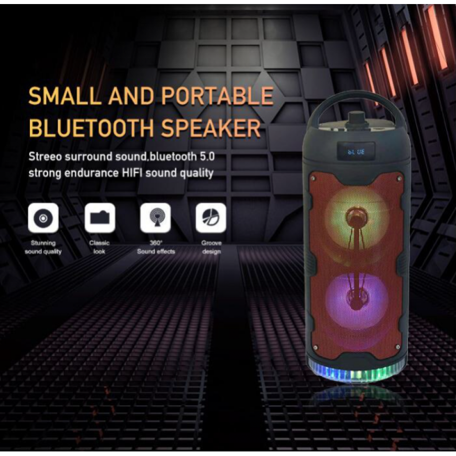 Boxa KlaussTech Audio de 10 W, Bluetooth 5.0, 1200mAH, USB, MIC IN, Lumini LED, AUX IN, FM, Negru