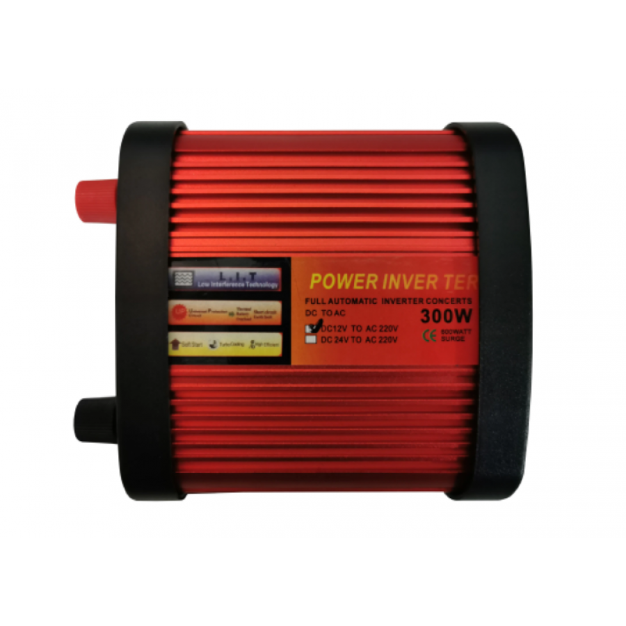Invertor Auto KlaussTech cu Putere de 300 W, 12 V - 220 V, Design rezistent, Rosu