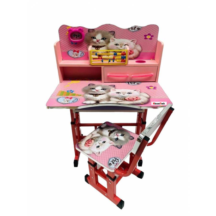 Set KlaussTech de birou cu scaun pentru fete, Cadru Metalic si lemn, Ceas analogic, Greutate maxima 30 kg, Birou 69x45x65 cm, Scaun 40x33x60 cm, Roz