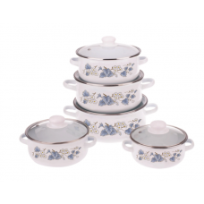 Set KlaussTech de Oale Emailat, 10 Piese, Capace din sticla, 16/18/20/22/24 cm, 1/1,5/2/3/4 L, Design floral, Alb Set KlaussTech de Oale Emailat, 10 Piese, Capace din sticla, 16/18/20/22/24 cm, 1/1,5/2/3/4 L, Design floral, Alb