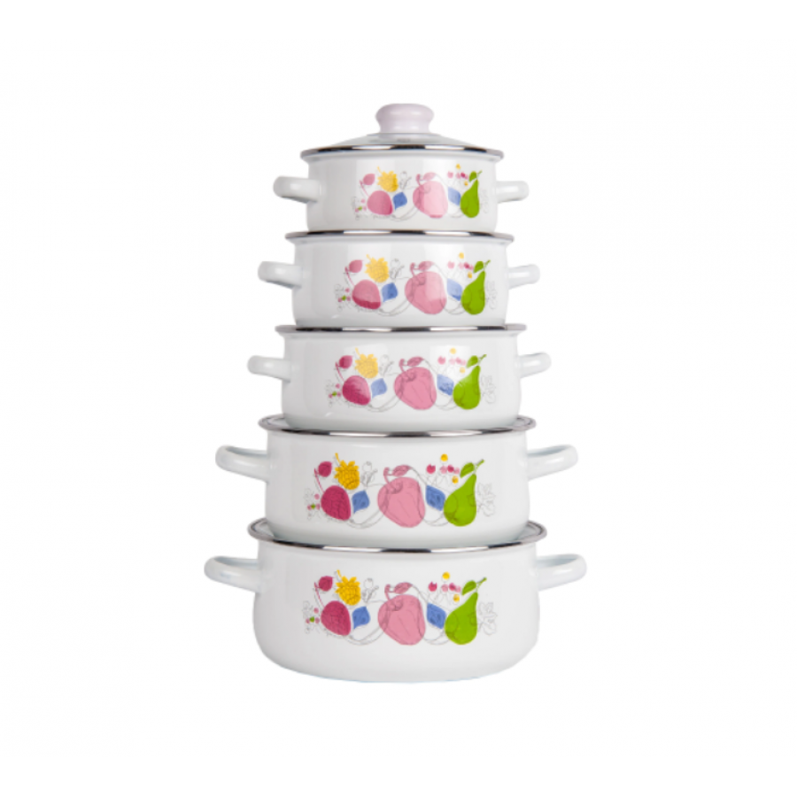 Set de Oale KlaussTech, Emailate, 10 Piese, 16 - 18 - 20 - 22 - 24 cm, 1 - 1.5 - 2 - 3 - 4 L, Capace incluse, Alb