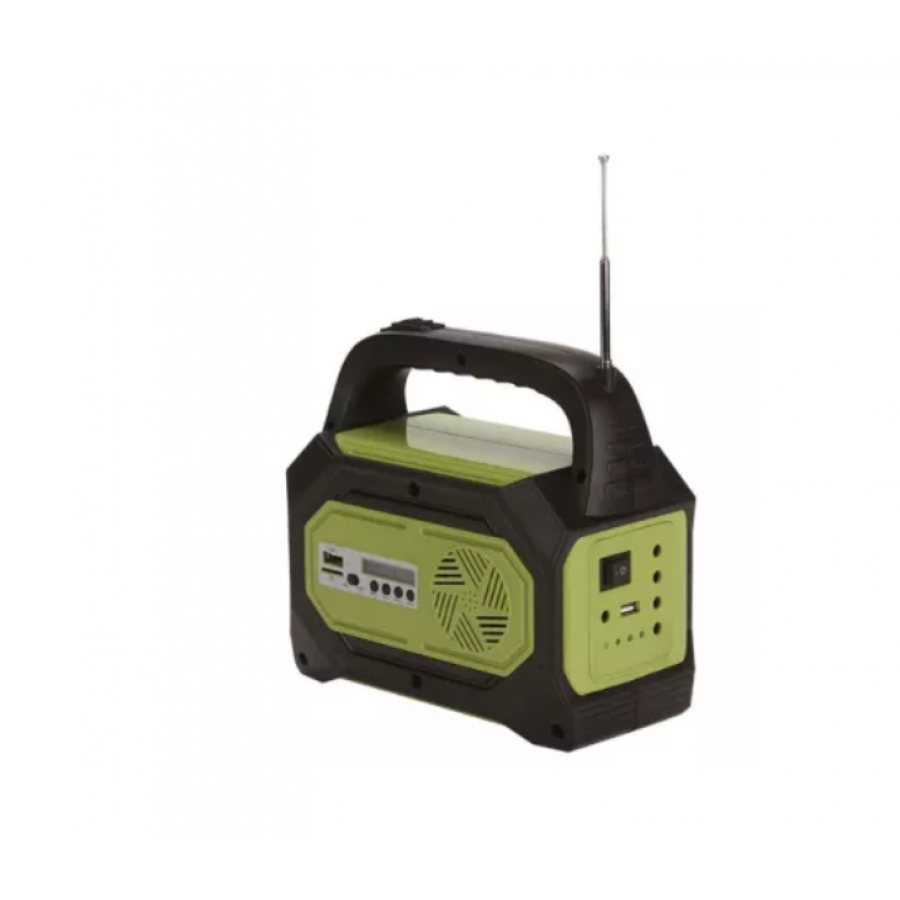 Kit Solar pentru Camping cu 3 Becuri LED, MP3 Bluetooth, USB, Radio FM, Lanterna, Panou solar, 8 W, 4500 mAH, Autonomie 8 - 24 h, Negru/Verde