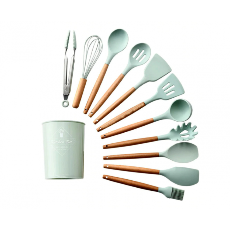 Set KlaussTech de 12 Ustensile de Bucatarie, Silicon Termorezistent, Manere ergonomice din lemn, Verde
