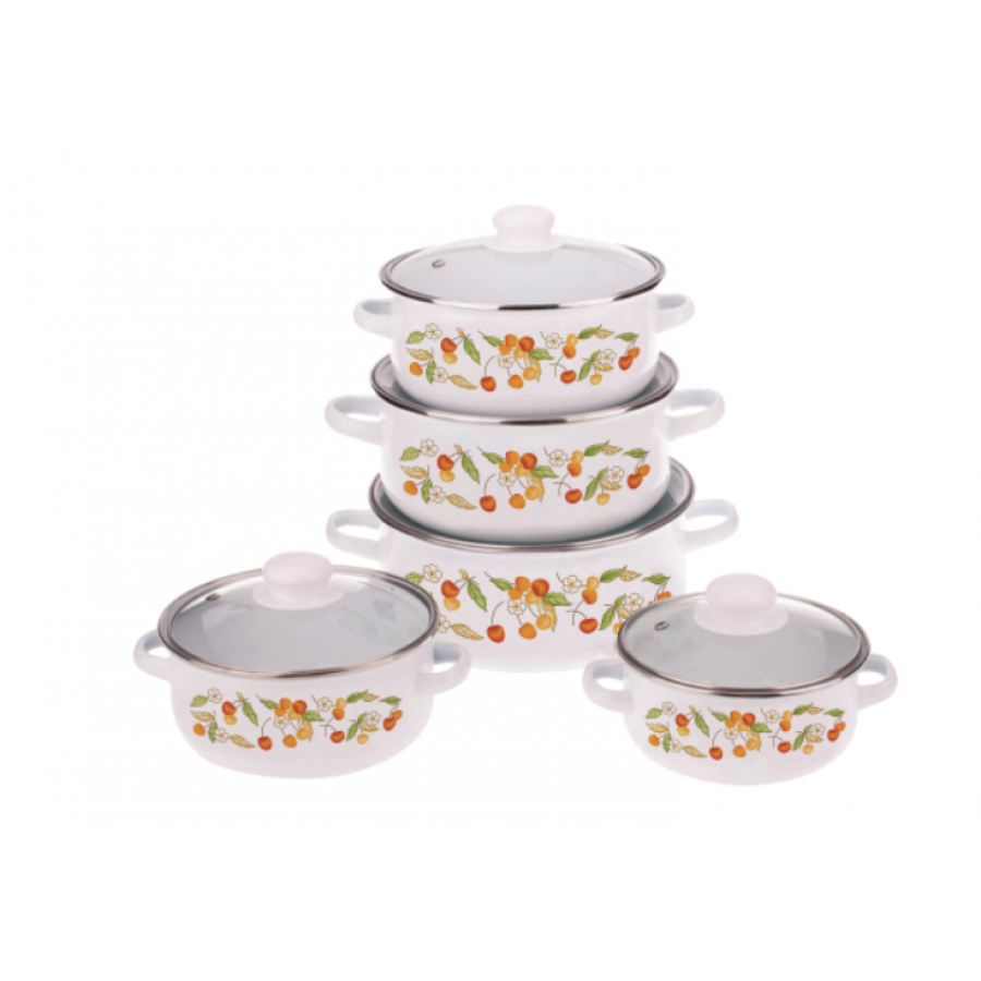 Set Emailat KlaussTech de Oale cu Design Floral, 10 Piese, Capace din sticla, 16/18/20/22/24 cm, Alb