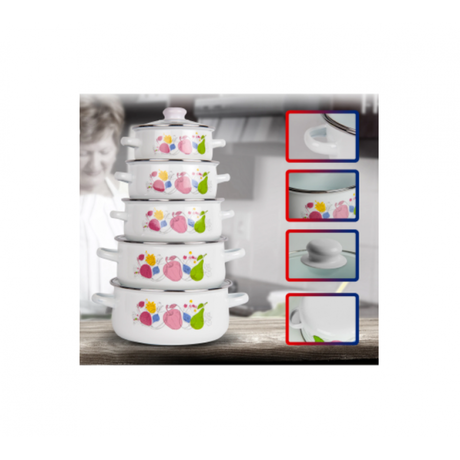 Set de Oale KlaussTech, Emailate, 10 Piese, 16 - 18 - 20 - 22 - 24 cm, 1 - 1.5 - 2 - 3 - 4 L, Capace incluse, Alb