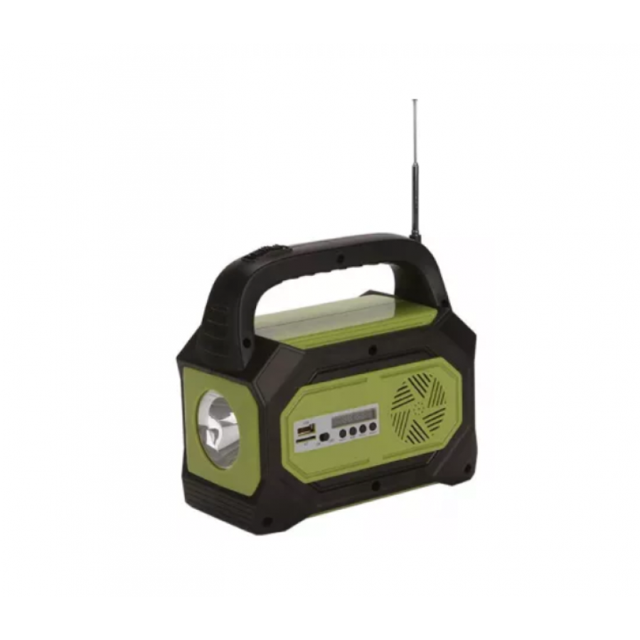 Kit Solar pentru Camping cu 3 Becuri LED, MP3 Bluetooth, USB, Radio FM, Lanterna, Panou solar, 8 W, 4500 mAH, Autonomie 8 - 24 h, Negru/Verde