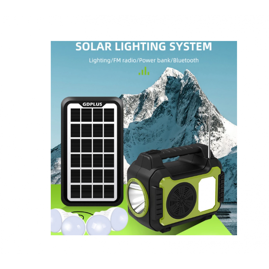 Sistem Solar de Iluminat cu 4 Becuri LED, USB, Radio FM, Bluetooth, Panou Solar, Acumulator, 7W, Operare 12 - 24 h, Negru/Verde
