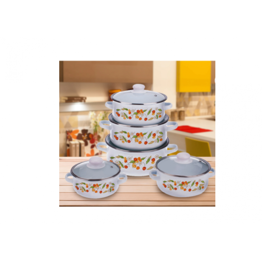 Set Emailat KlaussTech de Oale cu Design Floral, 10 Piese, Capace din sticla, 16/18/20/22/24 cm, Alb