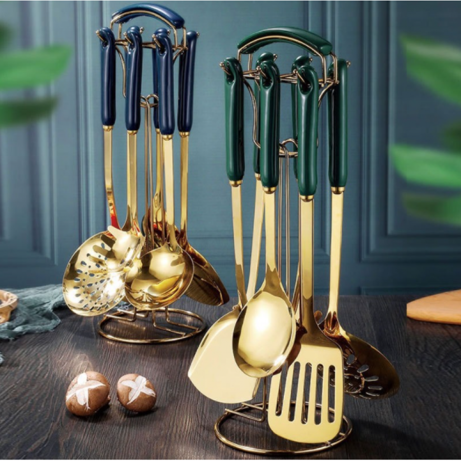 Set KlaussTech de 7 Ustensile de Bucatarie, Otel Inoxidabil, Manere ergonomice din ceramica, Culoare Auriu/Verde