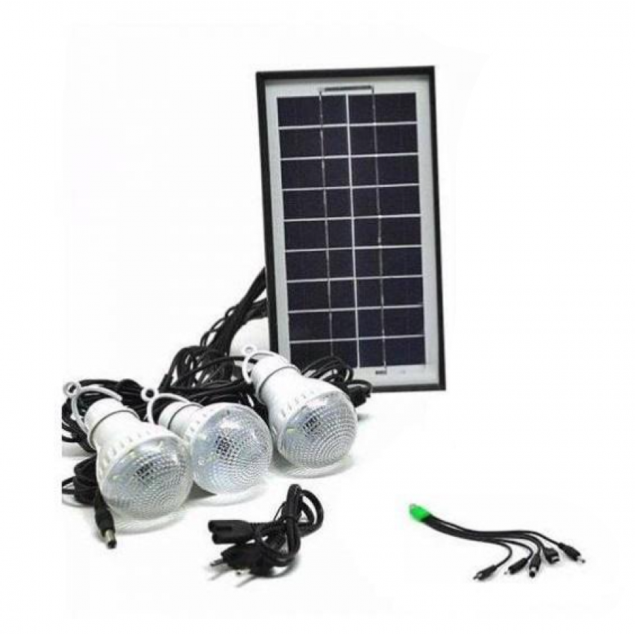 Kit Solar pentru Iluminare cu Lanterna, 3 Becuri LED SMD, USB Incarcare, Alimentare Solara si retea 220 - 240 V, Panou solar, Negru