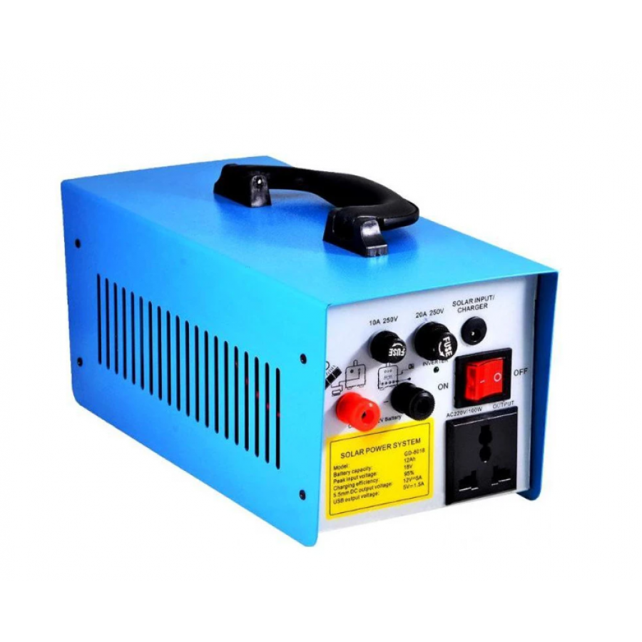 Sistem Solar Voltaic cu 3 Becuri LED SMD, 2 x Sloturi USB 5V, Panou solar 20W 34 x 45 cm, Invertor 220 V, Buton ON/OFF, Albastru