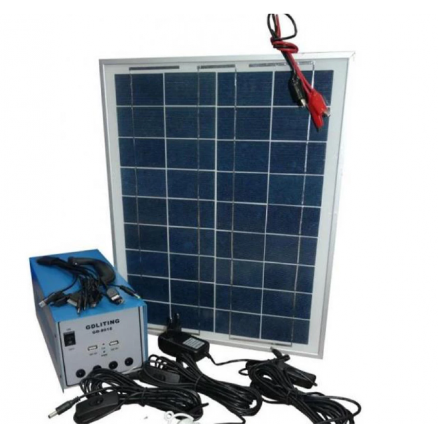 Sistem Solar Voltaic cu 3 Becuri LED SMD, 2 x Sloturi USB 5V, Panou solar 20W 34 x 45 cm, Invertor 220 V, Buton ON/OFF, Albastru