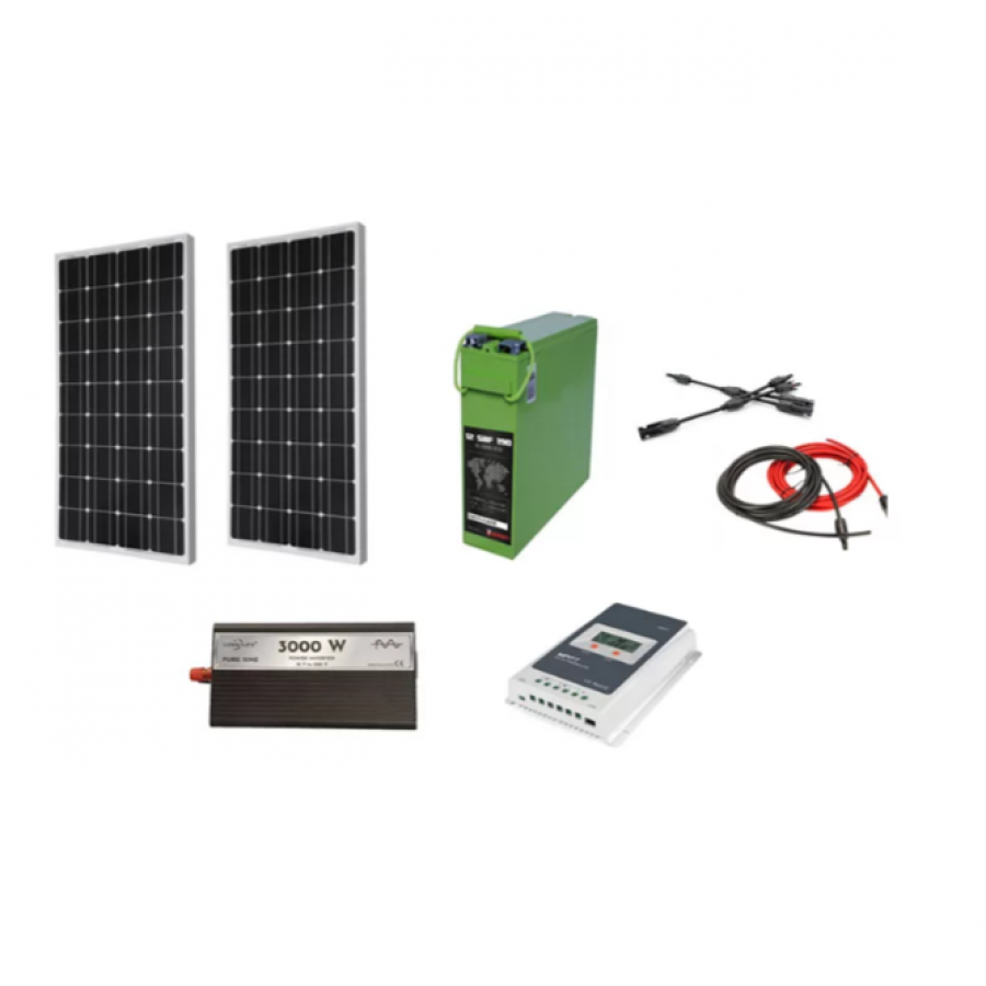 Sistem Panouri Fotovoltaice cu Invertor 3000W, Pentru Rulote/Cabane, 360 W, 12/24 V, 2 x Panouri 180W, Cablu solar inclus