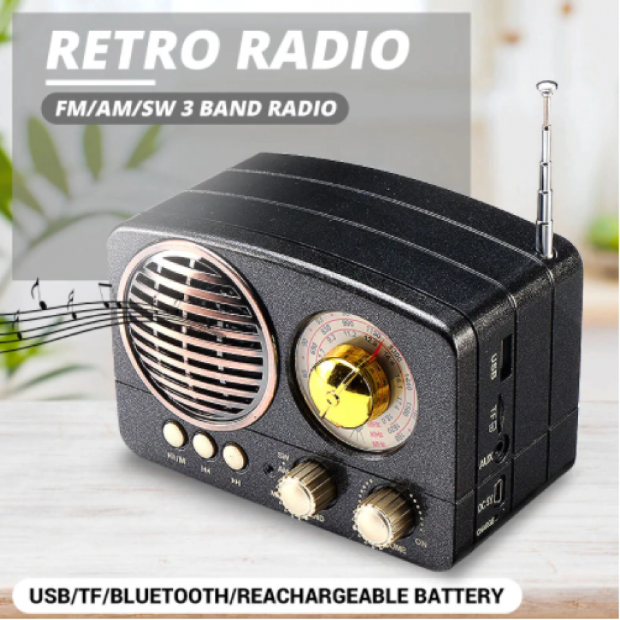 Radio Portabil cu Tuner FM, AUX, USB, Bluetooth, MicroSD, 2 W , Control volum, 14 x 8 x 11 cm, Retro, Negru
