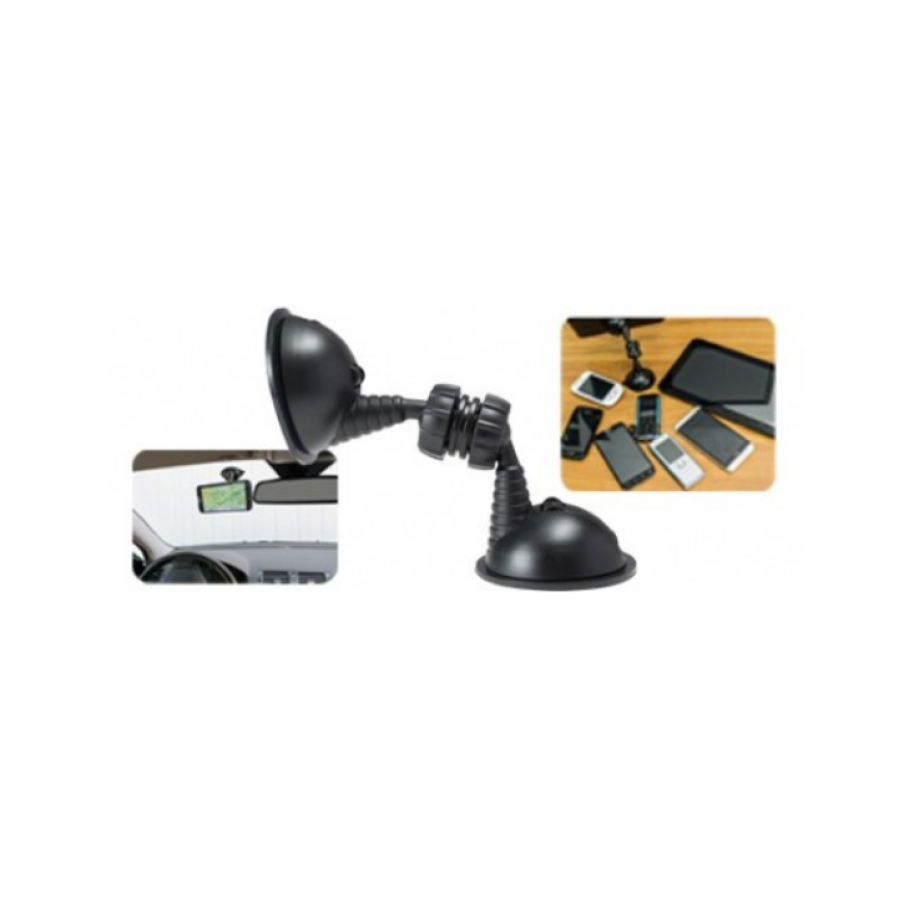 Suport Universal pentru Autovehicule, Ventuze duble, Reglare 360°, Inele autoaderente, Compact, Negru