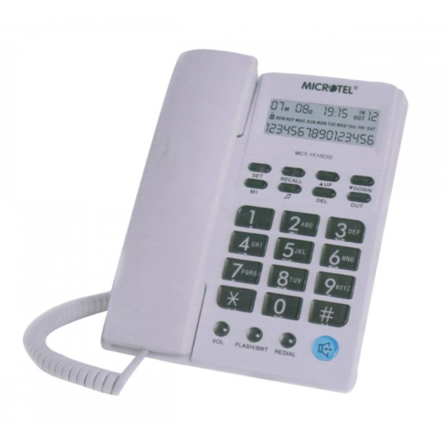Telefon fix cu fir si Display LCD, Functie Pauza si Flash, 24 de Taste, Control volum sonerie, 2 linii, Alb