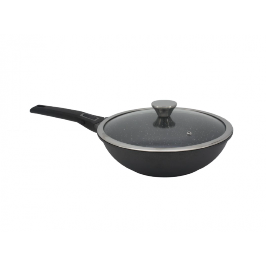 Tigaie Wok din Aluminiu 30 x 10 cm, Interior marmorat, Maner detasabil, Capac din sticla, Moderna, Negru
