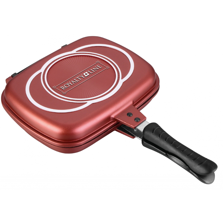 Tigaie Dubla Grill de 34 cm, Maner ergonomic, Aluminiu forjat, Acoperire din marmura, Forma Dreptunghiulara, Rosu