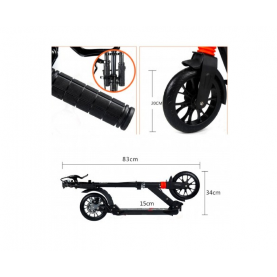 Trotineta KlaussTech cu Frana suspensie, Frana pe disc, Diametru roata 200 mm, Maner reglabil 80 - 145 cm, Material roti Poliuretan PU, Negru
