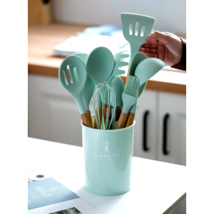 Set KlaussTech de 12 Ustensile de Bucatarie, Silicon Termorezistent, Manere ergonomice din lemn, Verde