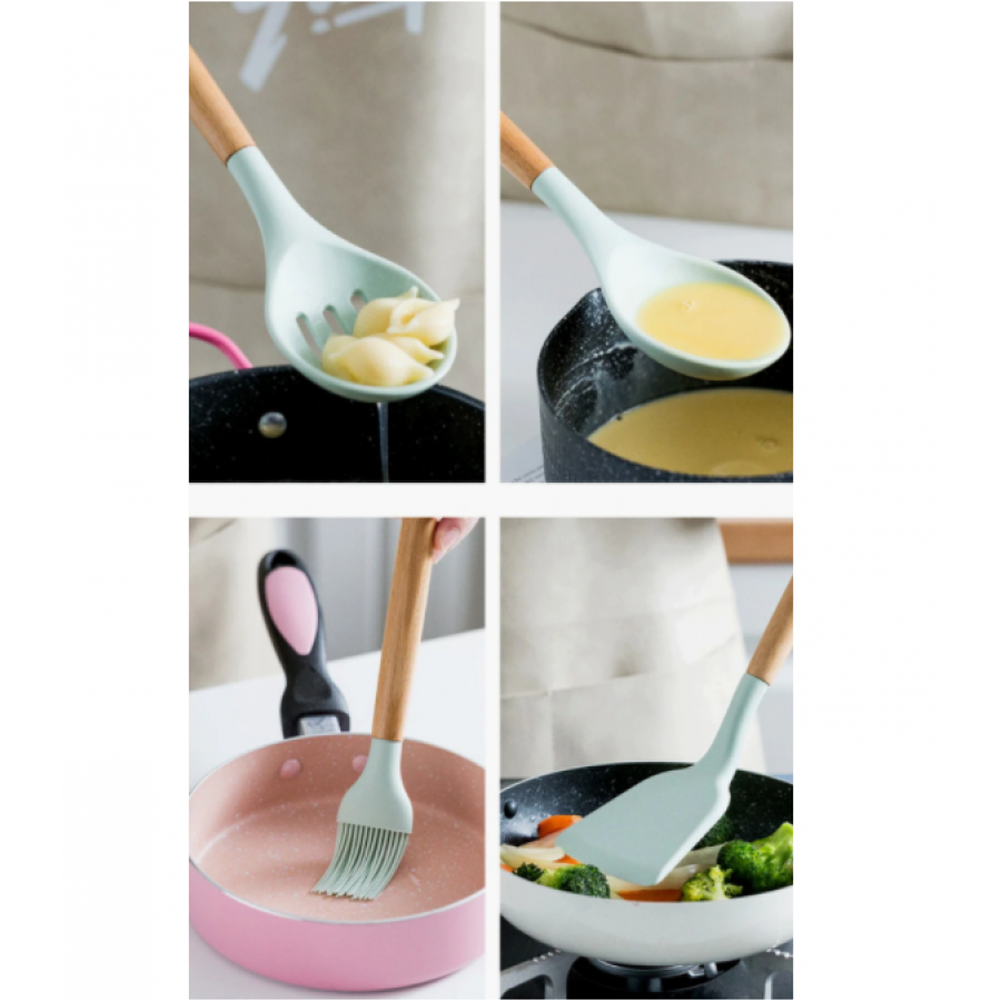 Set KlaussTech de 12 Ustensile de Bucatarie, Silicon Termorezistent, Manere ergonomice din lemn, Verde