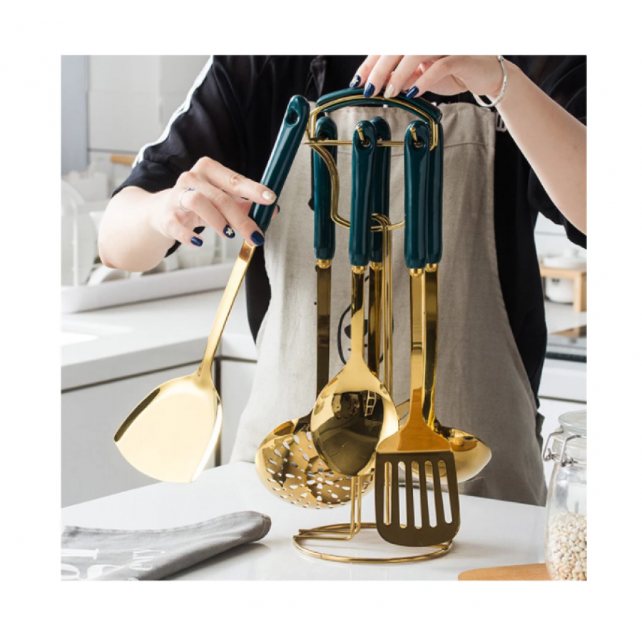 Set KlaussTech de 7 Ustensile de Bucatarie, Otel Inoxidabil, Manere ergonomice din ceramica, Culoare Auriu/Verde