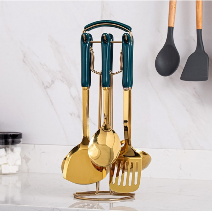 Set KlaussTech de 7 Ustensile de Bucatarie, Otel Inoxidabil, Manere ergonomice din ceramica, Culoare Auriu/Verde