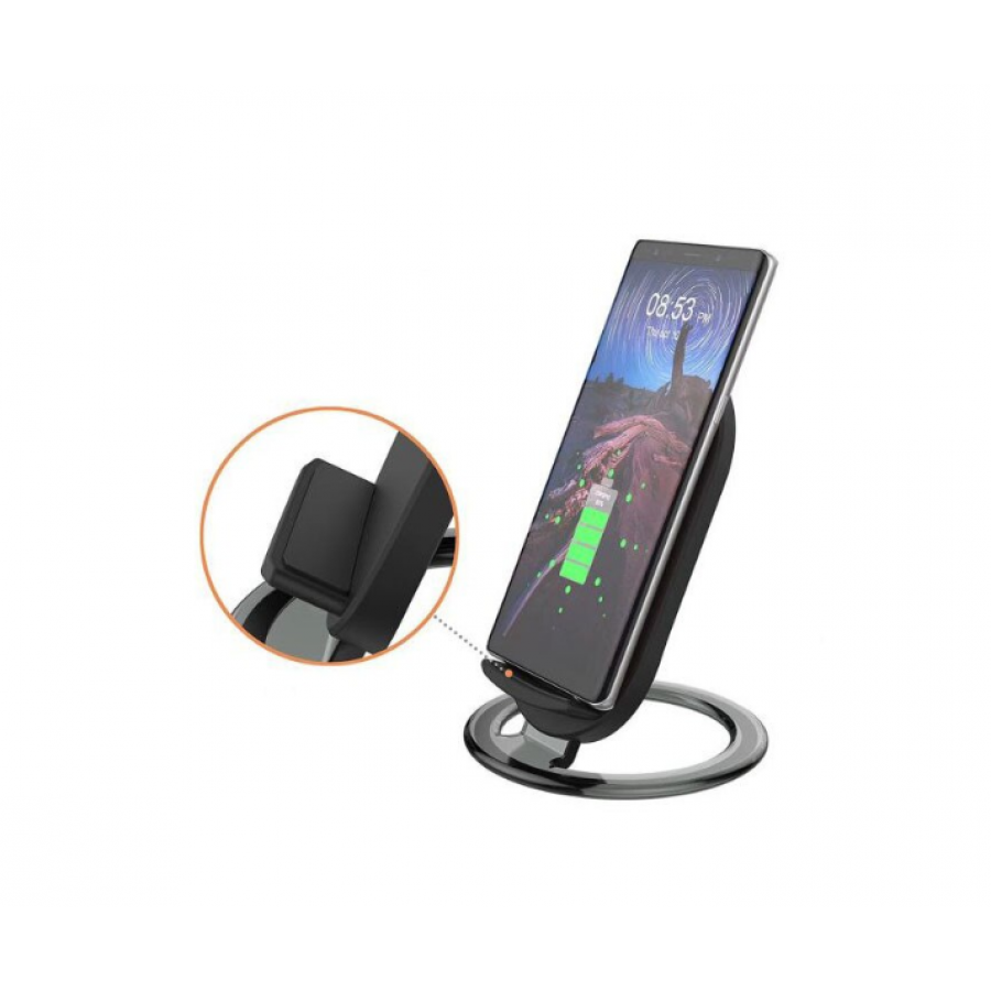 Incarcator Wireless KlaussTech cu Incarcare rapida , Cu stand, Sistem anti-alunecare, Indicator LED, DC 5V 2A, DC 9V 18A, 130 x 72 x 10 mm, Negru