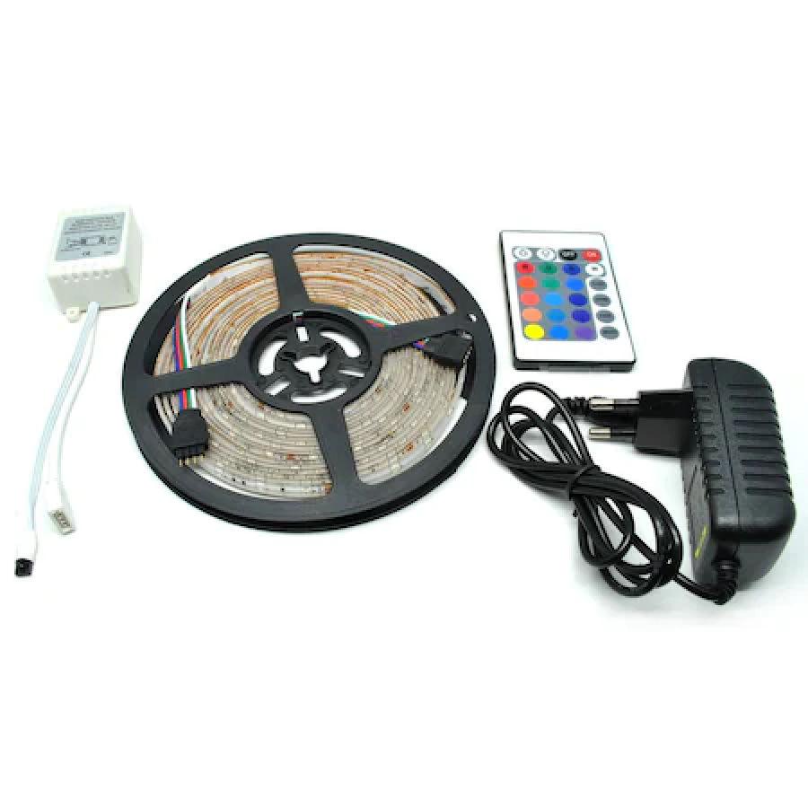 Banda Led Klausstech Multicolora Rgb , Telecomanda 24 Taste Cu Ir , Transformator 2a , 300 Led-uri , Lungime 5m