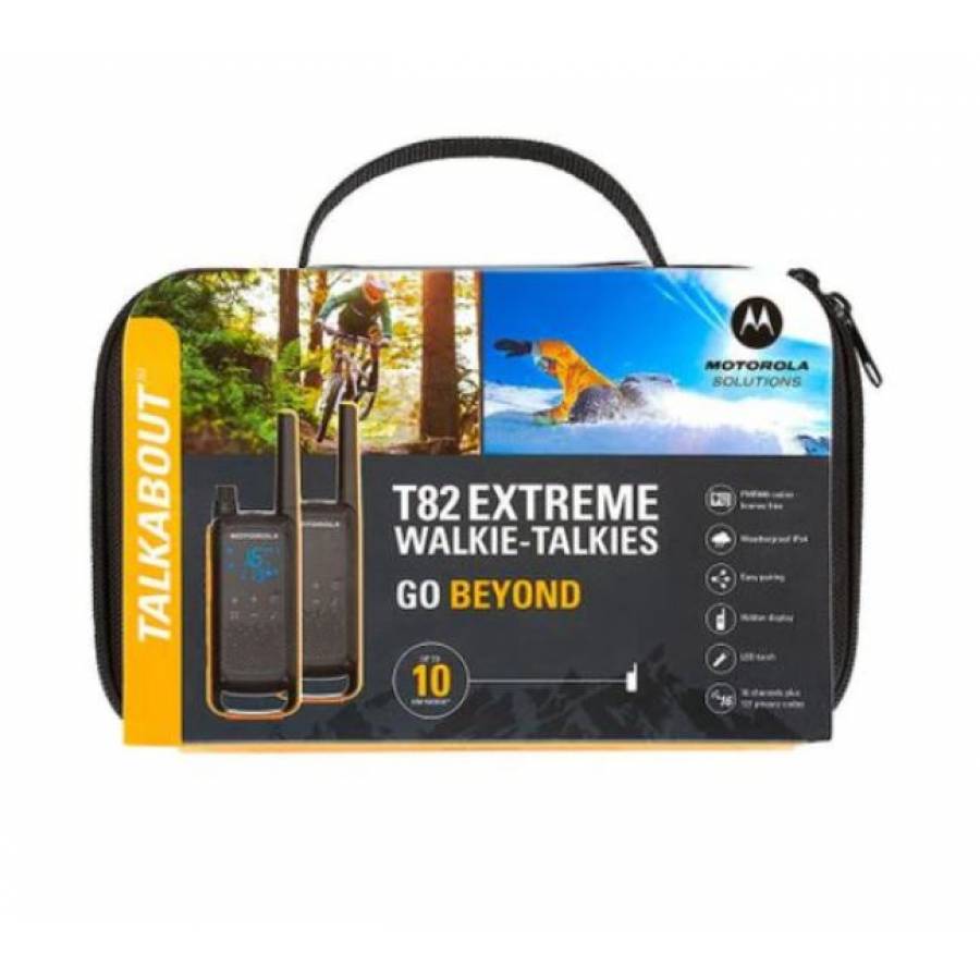 Set statii emisie-receptie, 10 km, TALKABOUT , 16 canale principale si 121 secundare , Protectie IPX4 , Lampa LED , Raza de actiune maxima 10 km , Vibratii , Negru