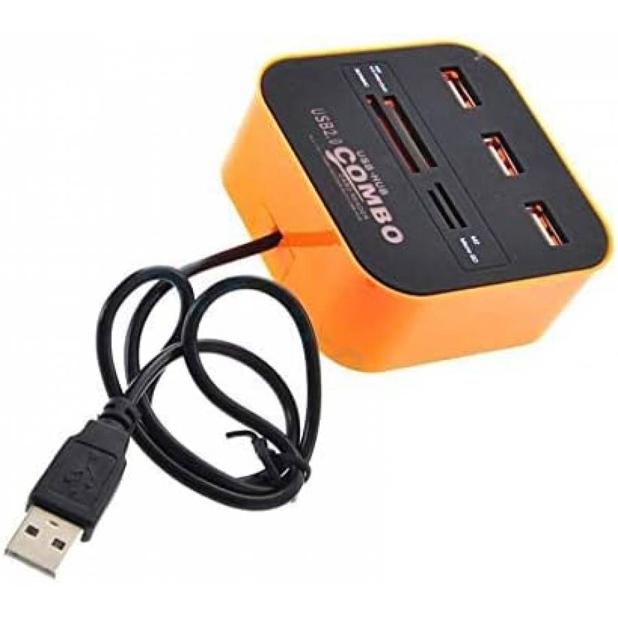 Cititor de carduri și hub USB 2.0 cu 3 porturi, negru-portocaliu