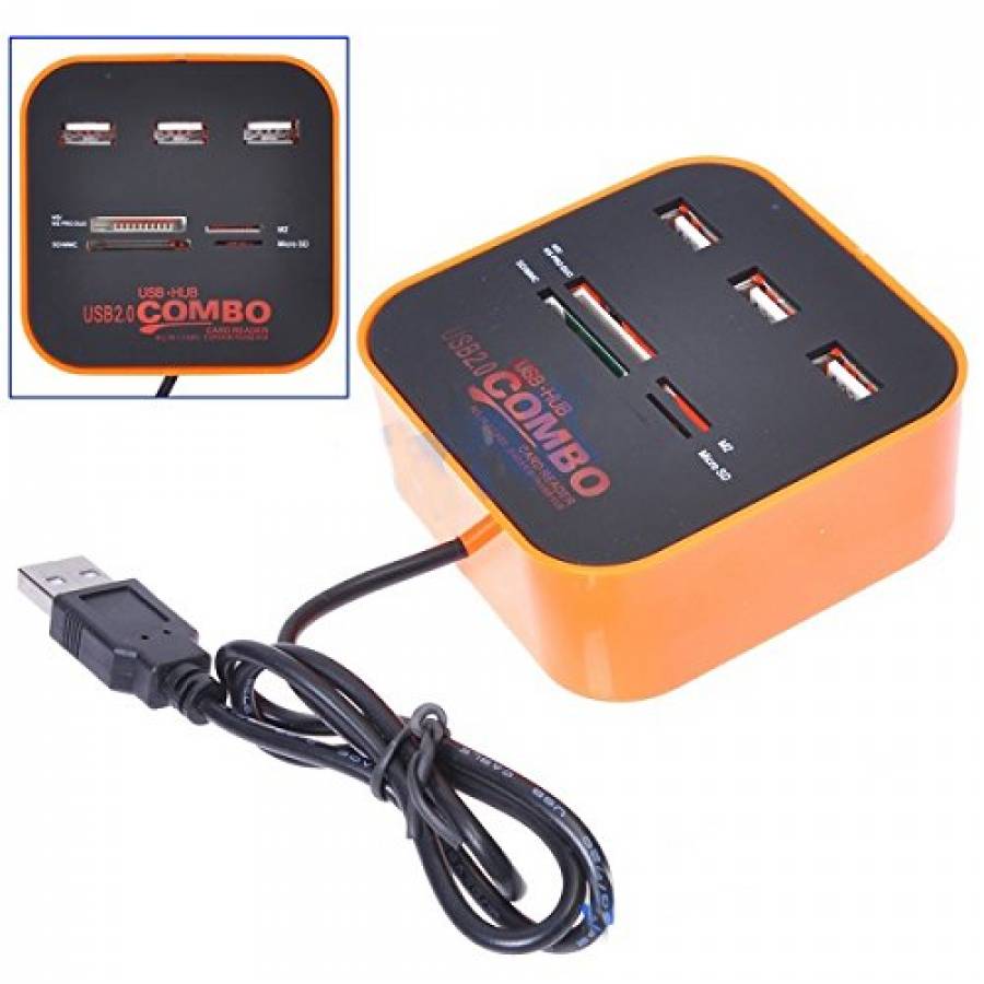 Cititor de carduri și hub USB 2.0 cu 3 porturi, negru-portocaliu