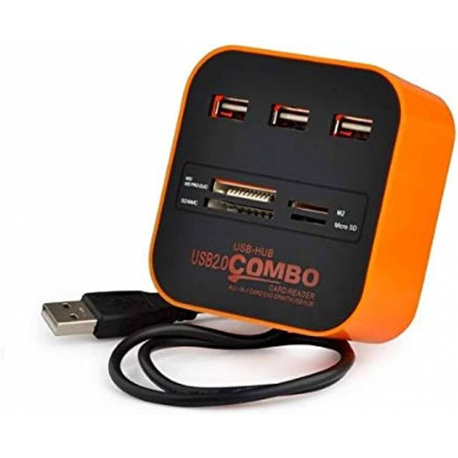 Cititor de carduri și hub USB 2.0 cu 3 porturi, negru-portocaliu