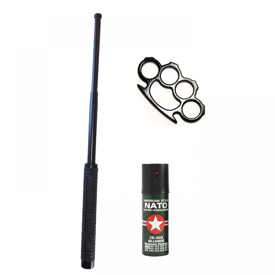 KIT autoaparare (2in1 Electrosoc+Lanterna ) Baston telescopic Police 50 cm + Spray Nato Paralizant + Box metalic Negru KlaussTech