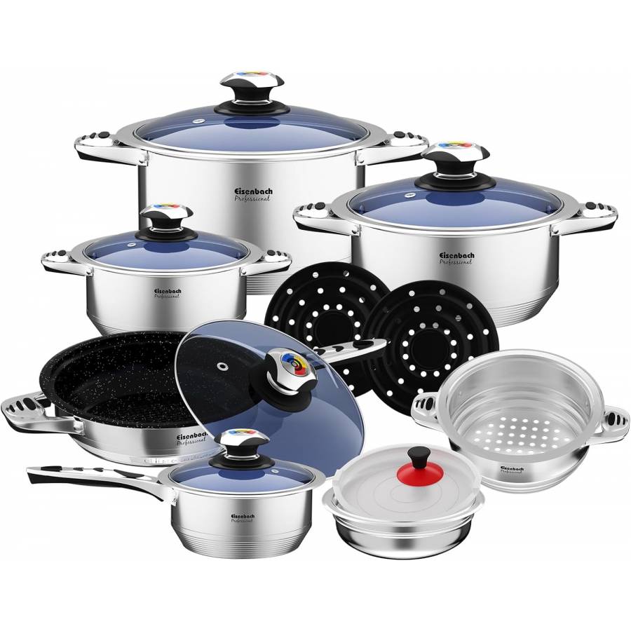 Set de oale din oțel inoxidabil,16 piese,capac din sticlă