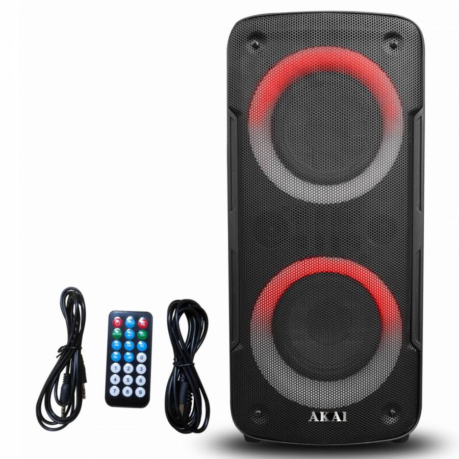 Boxa portabila activaAkai, 40 W, Bluetooth, USB, microSD slot card, Aux in, radio FM, intrare microfon, intrare chitara, lumini difuzor dinamice, afisaj LED, telecomanda, neagra