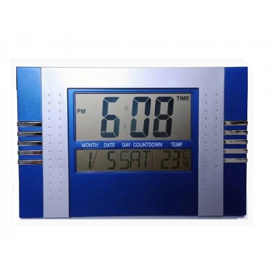 Ceas de perete sau de masa KlaussTech, cu alarma, data si termometru, albastru