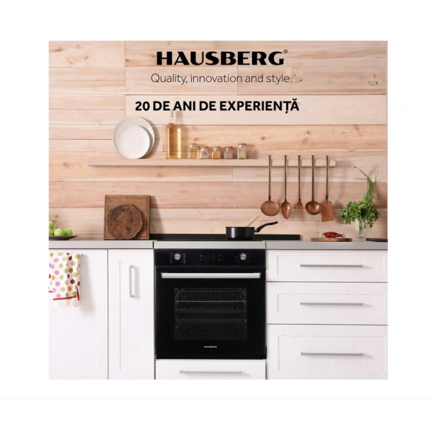 Cuptor electric incorporabil Hausberg, Clasa A, volum 71L, putere 2225W, panou sticla termoizolant, termostat, timer, 8 functii, ventilatie, Negru