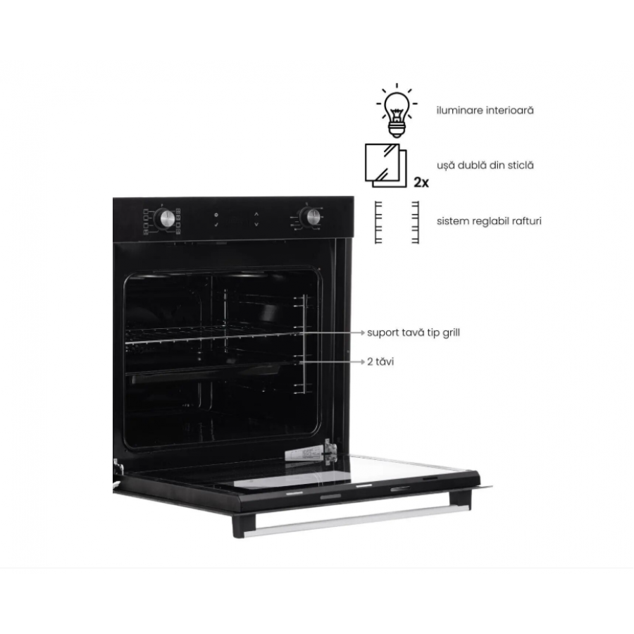 Cuptor electric incorporabil Hausberg, Clasa A, volum 71L, putere 2225W, panou sticla termoizolant, termostat, timer, 8 functii, ventilatie, Negru
