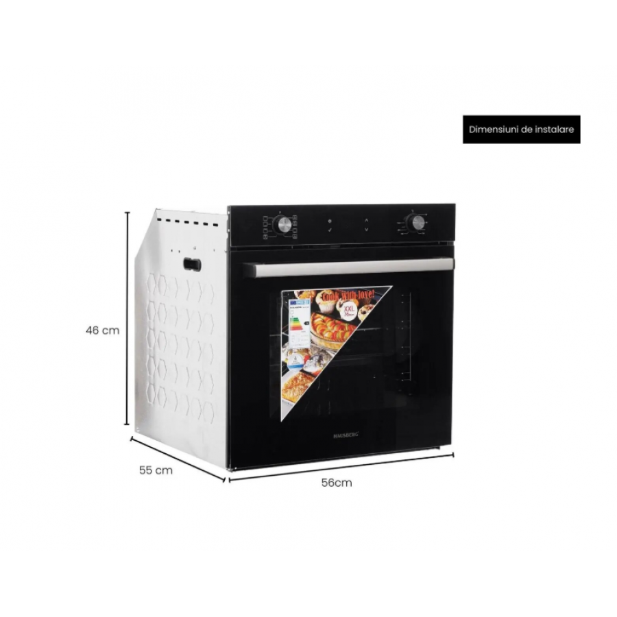 Cuptor electric incorporabil Hausberg, Clasa A, volum 71L, putere 2225W, panou sticla termoizolant, termostat, timer, 8 functii, ventilatie, Negru