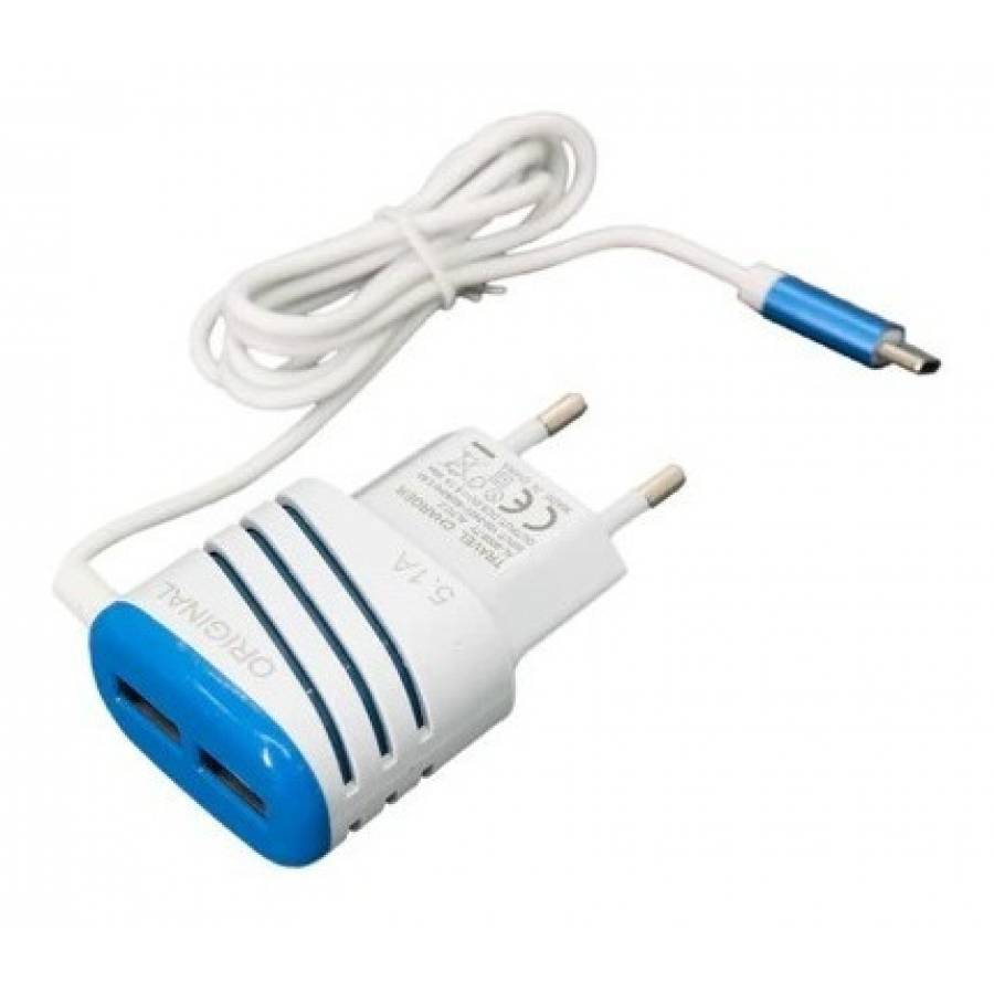 Încărcător pentru telefon mobil cu 2 porturi USB, alb\albastru