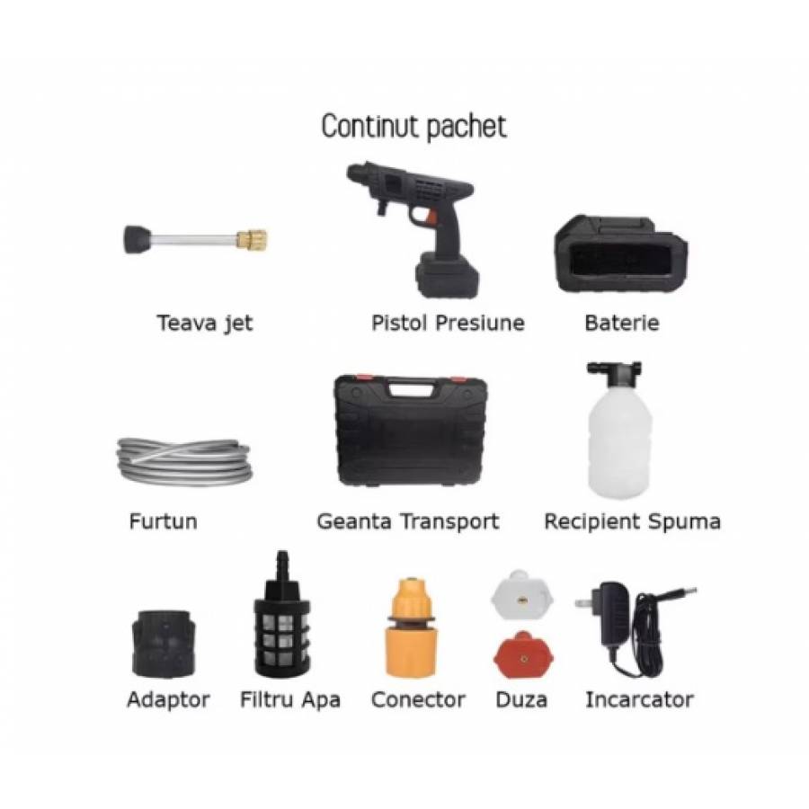 Set aparat de spalare presiune cu acumulator KlaussTech 48V, 25 Bari, 8L/min